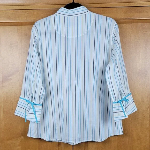 Alex Marie Teal Black Yellow Stripe Wrinkle Free Stretch 3/4 Sleeve Shirt - 16 - Picture 5 of 7